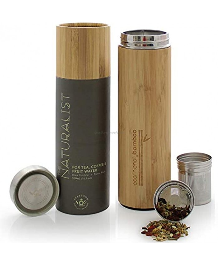 Teabloom All-Beverage Travel Tumbler – Large Capacity 17 oz 500 ml – Insulated Thermos Mug – Eco-Friendly Bamboo – Hot and Cold Tea Infuser – Cold-Brew Coffee – Fruit-Infused Water – The Naturalist