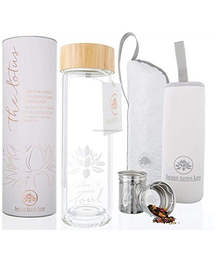 The Lotus Glass Tea Tumbler with Strainer & Infuser Basket for Loose Leaf Tea. Leak-Proof Lid. BPA Free. Double-Walled Glass Travel Tea Cup. 15 ounces