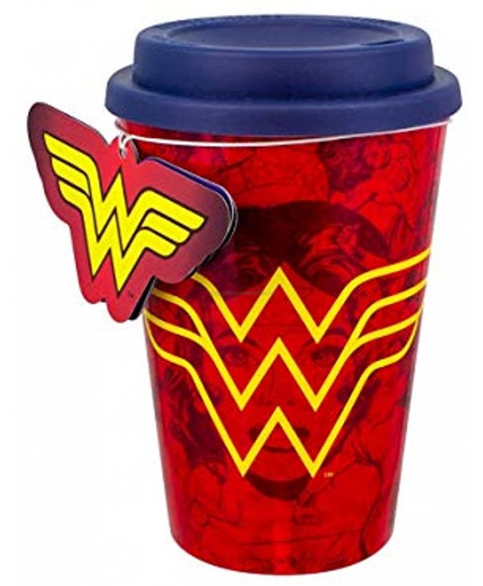 Wonder Woman Travel Mug Soft Plastic | Reuseable Commuter Cup | Insulated Coffee & Tea Flask | Easy Clean | Keeps Drinks Hot | 450ML Capacity | Spill & Leak Proof Multicolour