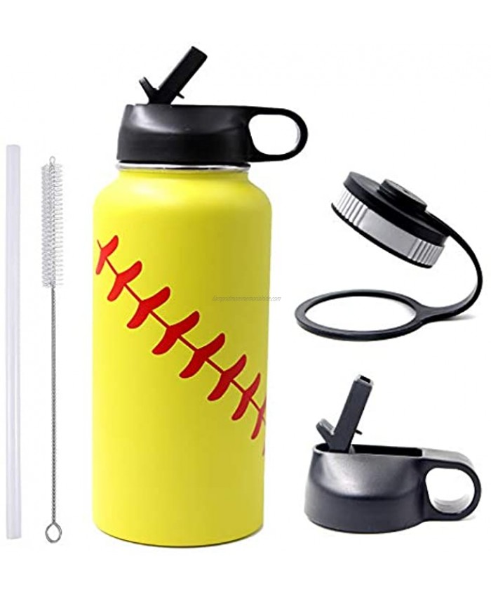 32 oz Softball Water Bottle Flask Sports with 2 Lids 18 8 Stainless Steel Tumbler Double Wall Vacuum Insulated Hot Cold 32oz Yellow Softball