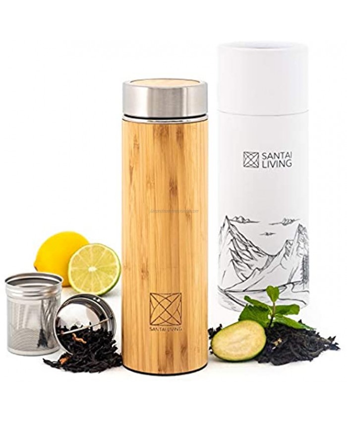 Bamboo Vacuum Insulated Bottle Thermo with Tea Infuser & Strainer Stainless Steel Tumbler Fruit Infuser Double Walled Tumbler Water Bottle Travel Mug
