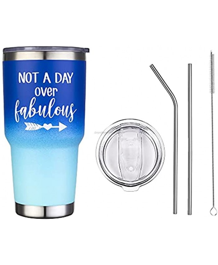 Gift Tumblers for Moms Fabulous Stainless Steel Vacuum Insulated Travel Tumbler with Steel Straw and Cleaning Brush in Blues Ombre Birthday Gifts for Friends by Zipe