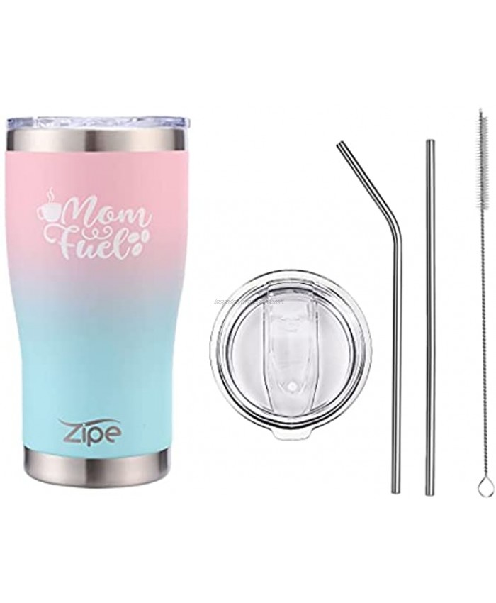 Gift Tumblers for Moms Mom Fuel 20 oz Stainless Steel Vacuum Insulated Travel Tumbler Mug with Steel Straws & Cleaning Brush in Taffy Ombre Mom Birthday Gifts by Zipe