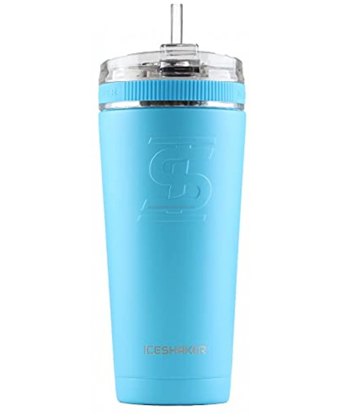Ice Shaker 26oz Stainless Steel Tumbler as seen on Shark Tank | Vacuum Insulated Bottle with Flex Lid and Straw for Hot and Cold Drinks Carribean Blue | Gronk Shaker