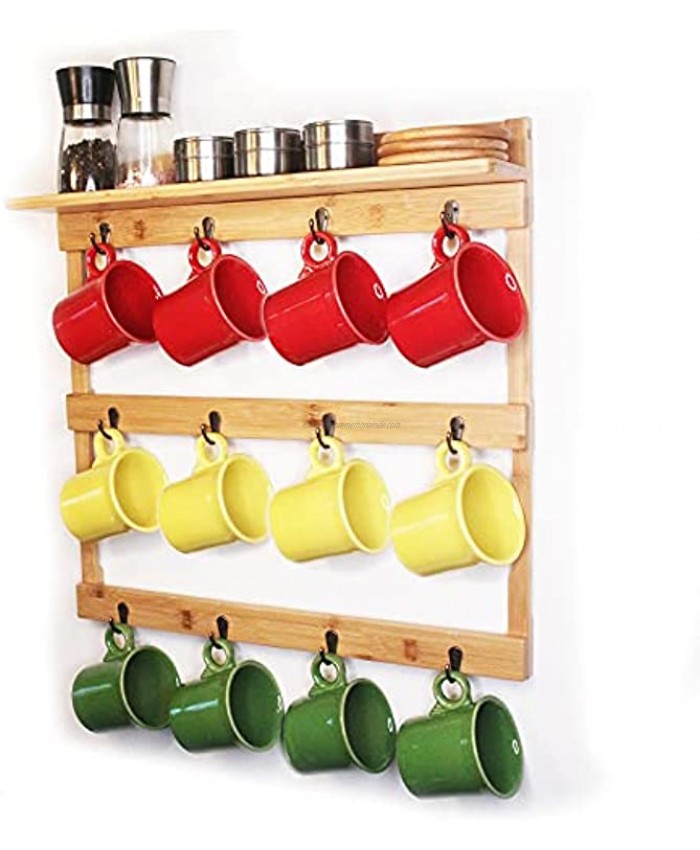 Large Mug Rack Wall Mounted Coffee Cup Shelf Modern Aesthetic Bamboo Display Holder with 12 Hanger Hooks Wooden Hanging Organizer for Tea Cups Mugs Built in Decor for Kitchen and Bar Walls.