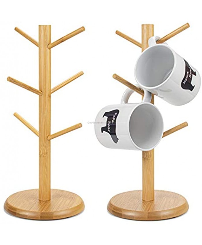 Lawei 2 Pack Bamboo Mug Rack with 6 Hooks Coffee Mug Holder Tree Coffee Cup Organizer Stand for Coffee Mugs Glasses and Cups