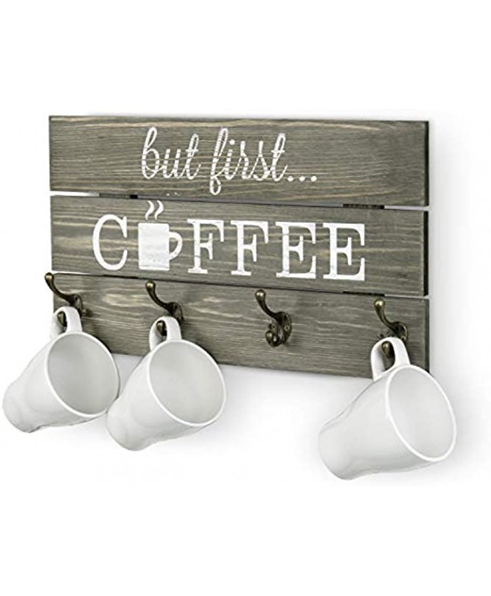 MyGift 8-Hook But First Coffee Vintage Gray Solid Wood Mug Storage Rack Wall Mounted Decorative Sign
