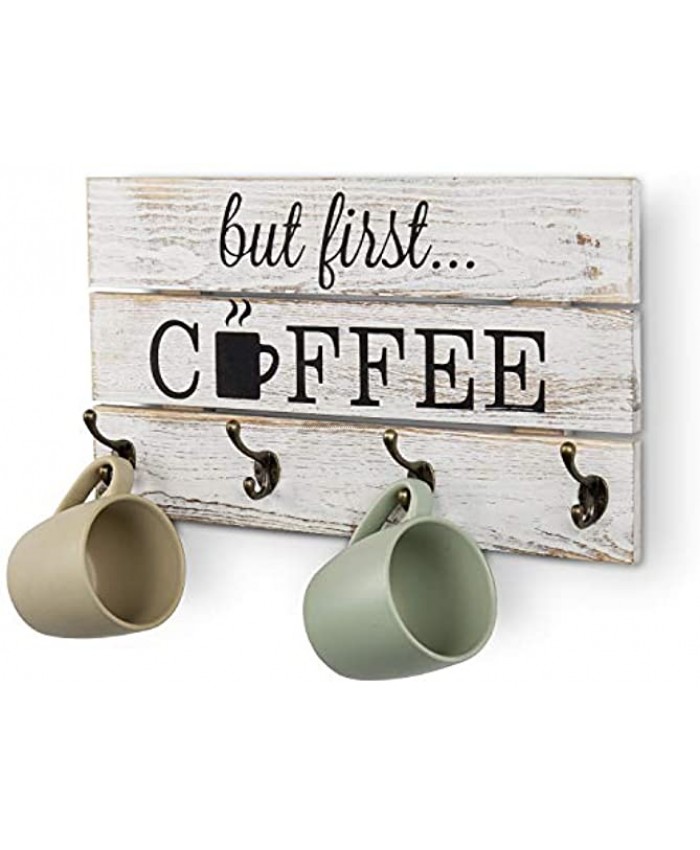 MyGift 8-Hook Vintage Whitewashed Solid Wood Mug Storage Rack Wall Mounted Decorative Sign with But First Coffee Quote Design