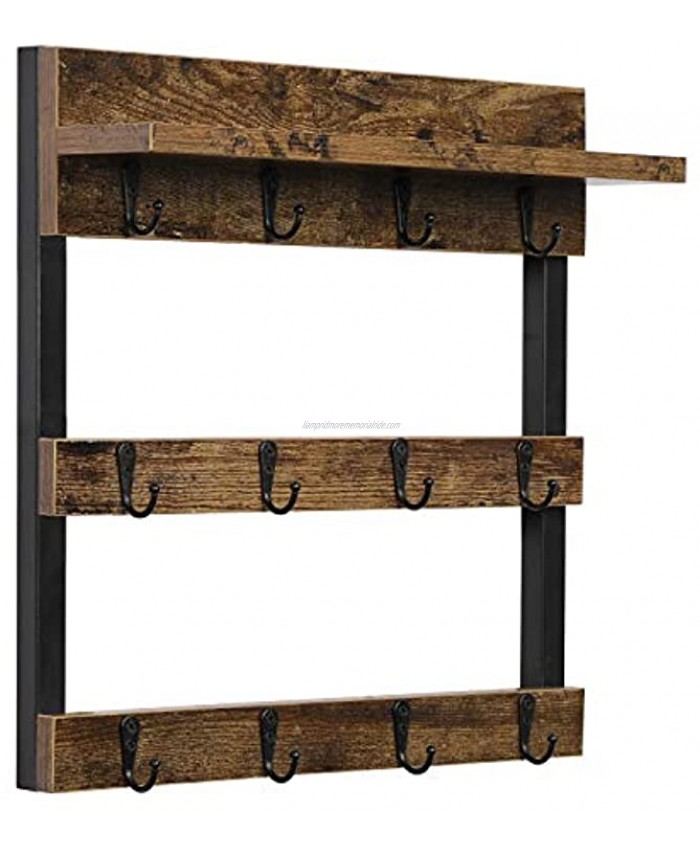 OROPY Rustic Coffee Mug Rack Wall Mounted Wood Cups Rack Organizer 12 Hooks with Display Storage and Collection ShelfRetro Brown
