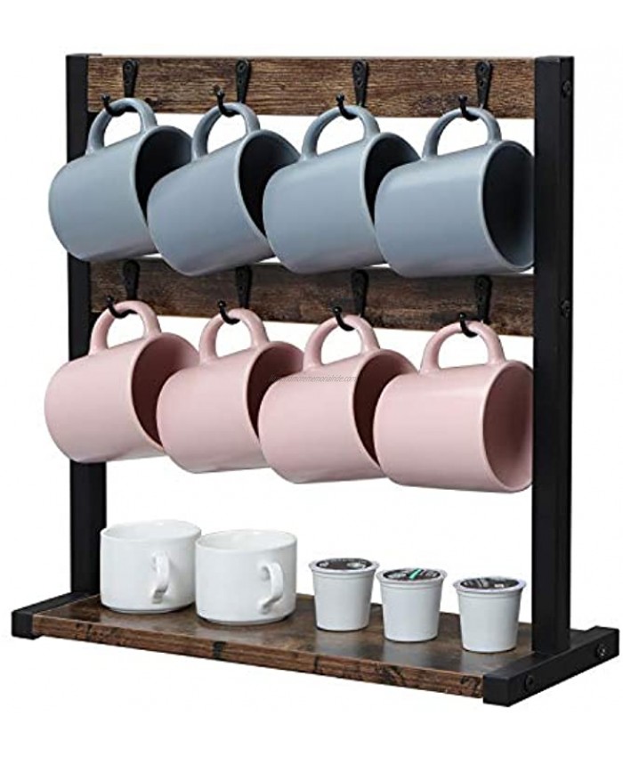 OROPY Vintage Wood Coffee Mug Holder Stand 2 Tier Countertop Mug Tree Holder Rack for Coffee Mugs Cups Holds 16 Mugs Dark Brown