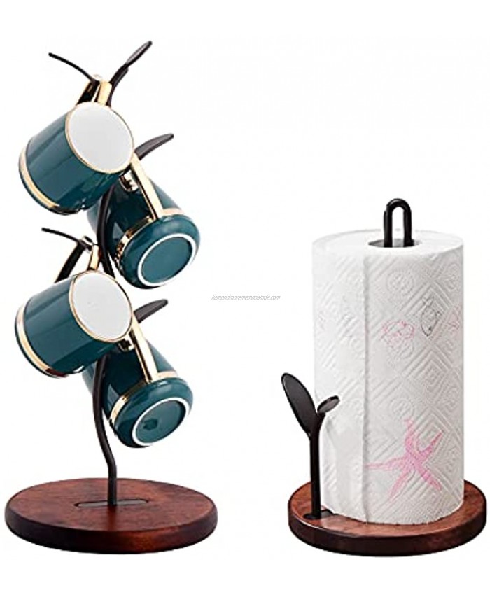 Paper Towel Holder and Mug Tree Set YIWANFW Mug Tree Cup Rack Kitchen Roll Holder Stand Set with Wood Base Brown
