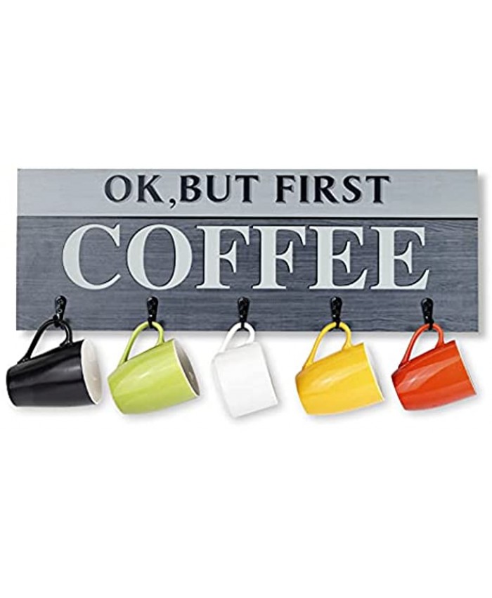 Rustic Coffee Mug Holder Coffee Bar Decor with Hooks ‘Ok But First Coffee’ Sign Wall Mounted Coffee Mug Rack with 2 Coffee Wall Stickers Coffee Cup Holder for Coffee Station