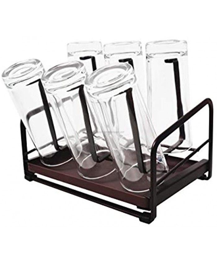 YEAVS Cup Drying Rack with Drain Tray Bottle Drying Rack Stand with 6 Hooks Mug Organizer Brown