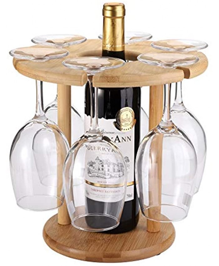 Cedilis Countertop Wine Glass Rack Tabletop Bamboo Wine Bottle Holder Wine Glasses Storage Stand Holds 6 Glasses and 1 Bottle Perfect for Home Kitchen Decor Bar Wine Cellar