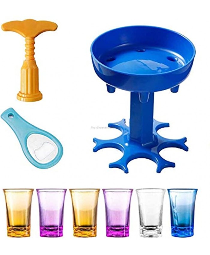 ChoPie 6 Shot Glass Dispenser And Holder Wine Whisky Beer Glasses Hanging Holder Stand Rack Gifts Drinking Games for Cocktail with 6Plastic Cup Beer Bottle Opener and Wine Corkscrew Blue