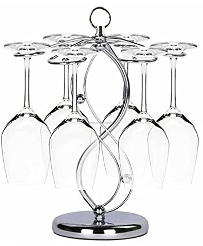 Hamnor Wine Glass Holder with 6 Hooks Artistic Elegant Freestanding Tabletop Stemware Storage Rack Metal Glass Display Rack Silver