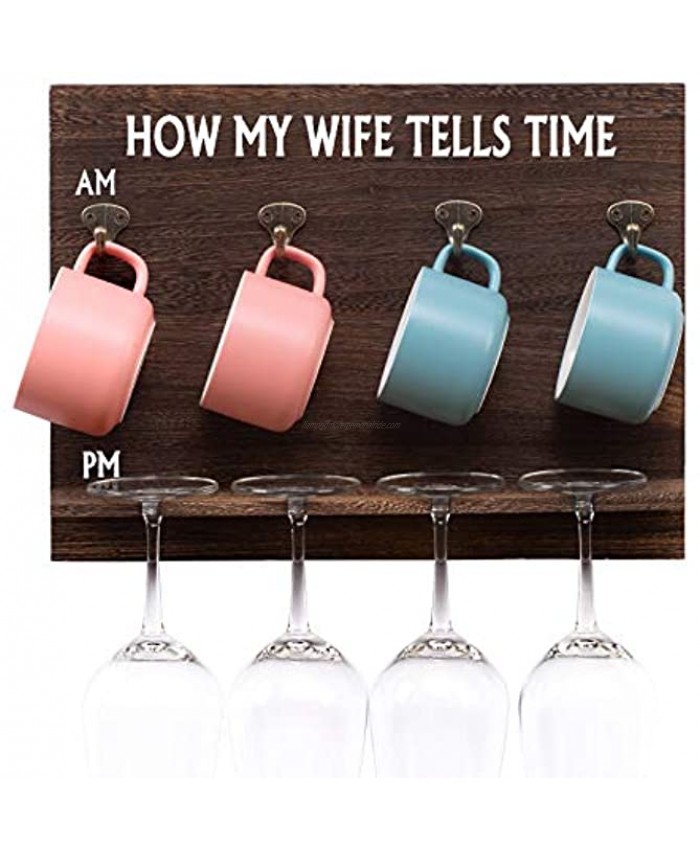 Sankell Birthday Gift for Wife from Husband Funny Wine Gift for Wife Her Women Romantic Valentines Anniversary Gift Idea for Wife How My Wife Tells Time 2 in 1 Wine Glass Rack & Coffee Mug Holder