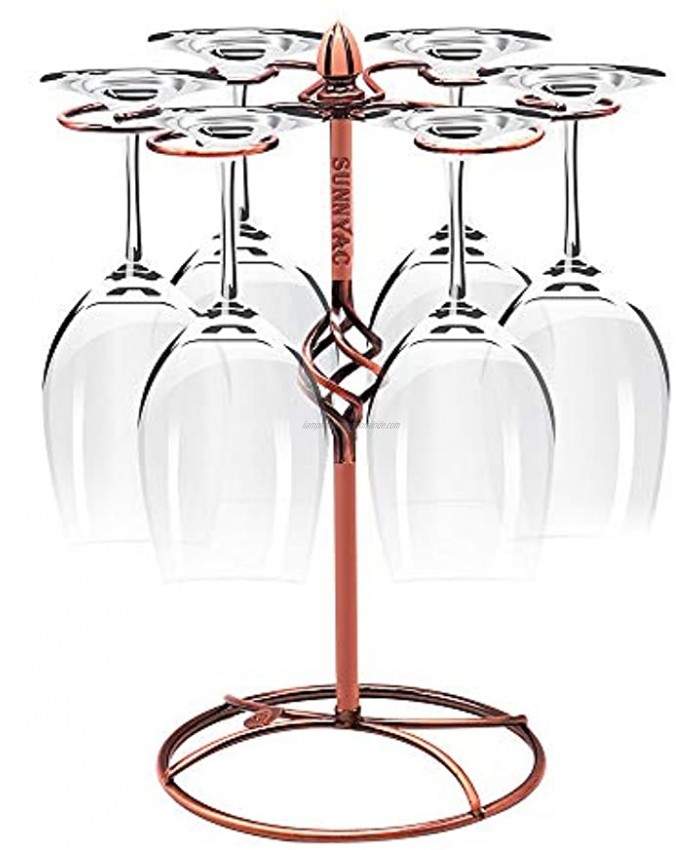 Sunnyac Scrollwork Bronze Wine Glass Rack Elegant Freestanding Stemware Holder Stand With 6 Hooks for Home and Bar Storage and Artistic Tabletop Display Spiral Style Bronze 1