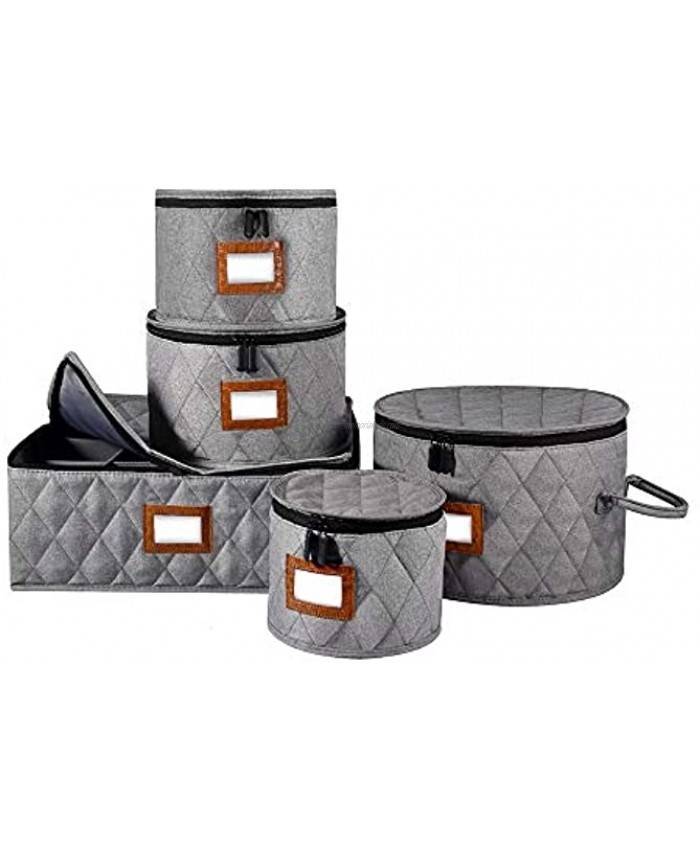 China Storage Set with Label Window Stackable China Storage Containers for Dinnerware Storage and Transport Protects Cups and Mugs 40 Felt Plate Dividers Included Set of 5 Grey