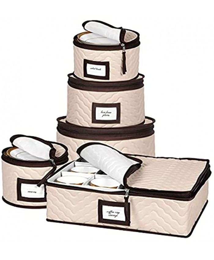 Dinnerware China Storage Containers 5-Piece Set for Tableware Cups Plates and Saucers Sturdy Quilted Microfiber Organizer with Dividers Service for 12 Transport and Protect from Chips and Breaks