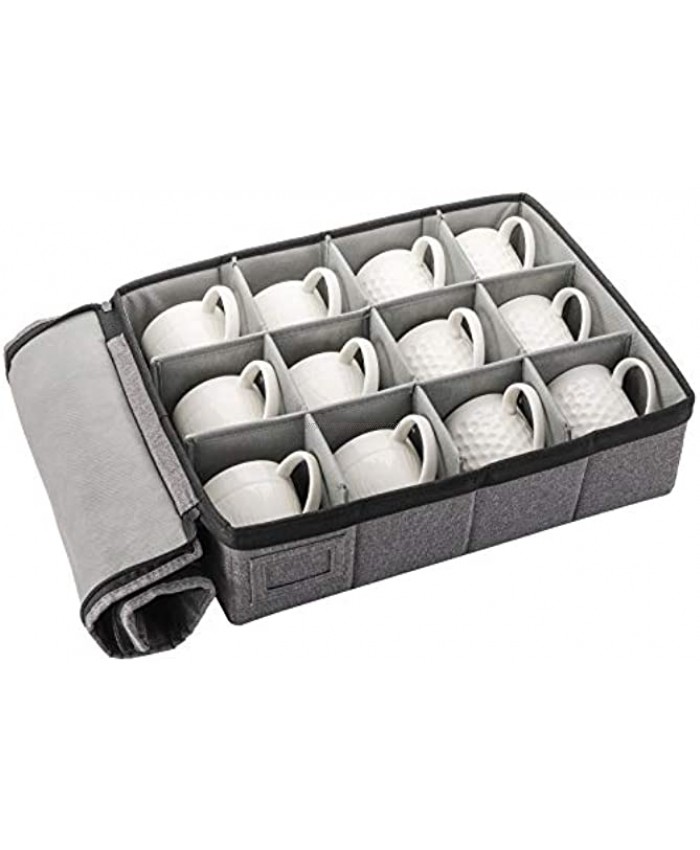 TOPZEA Cup and Mug Storage Box China Cup Storage Box with Lid and Handles Holds 12 Coffee Mugs and Tea Cups Moving Boxes for Mugs and Cups Fully-Padded Inside Hard Shell and Stackable Grey