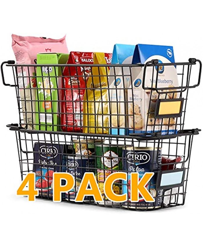 4 Pack Large Stackable Wire Baskets For Pantry Storage and Organization Metal Storage Bins for Food Fruit Kitchen Bathroom Closet Cabinets Countertops Organizer