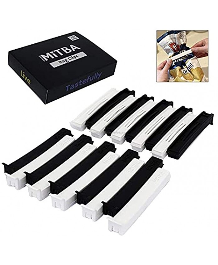 Bag Clips By MiTBA 4in Snack and Chip Clips with Strong Grip that will Keep Your Food Fresh These Easy to Use Bag Sealers will put an end to Wasting Black and White Set of 20 Units Seal The Deal
