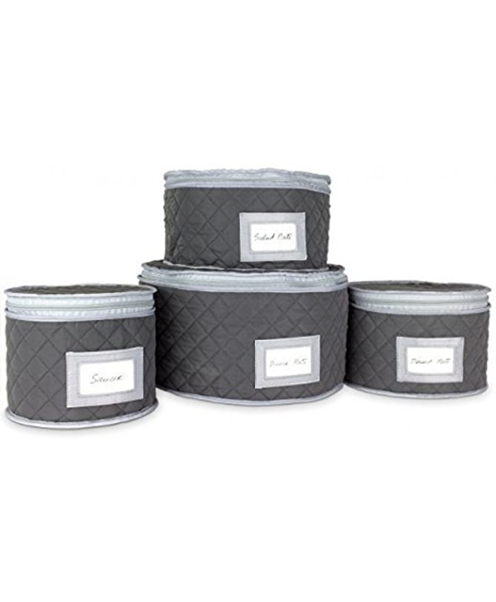 Fine China Storage Set of 4 Quilted Cases for Dinnerware Storage. Sizes: 12 10 8.5 and 7 Long Gray Quilted Fabric Container with 48 Felt Plate Separators Included