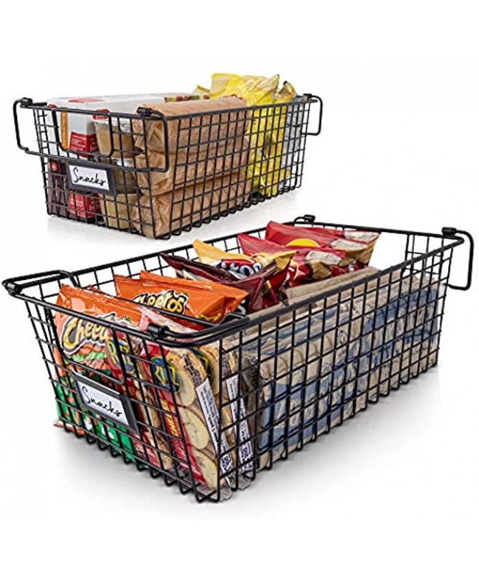 Gorgeous Stackable XL Wire Baskets For Pantry Storage and Organization Set of 2 Pantry Storage Bins With Handles Large Metal Food Baskets Keep Your Pantry Organized