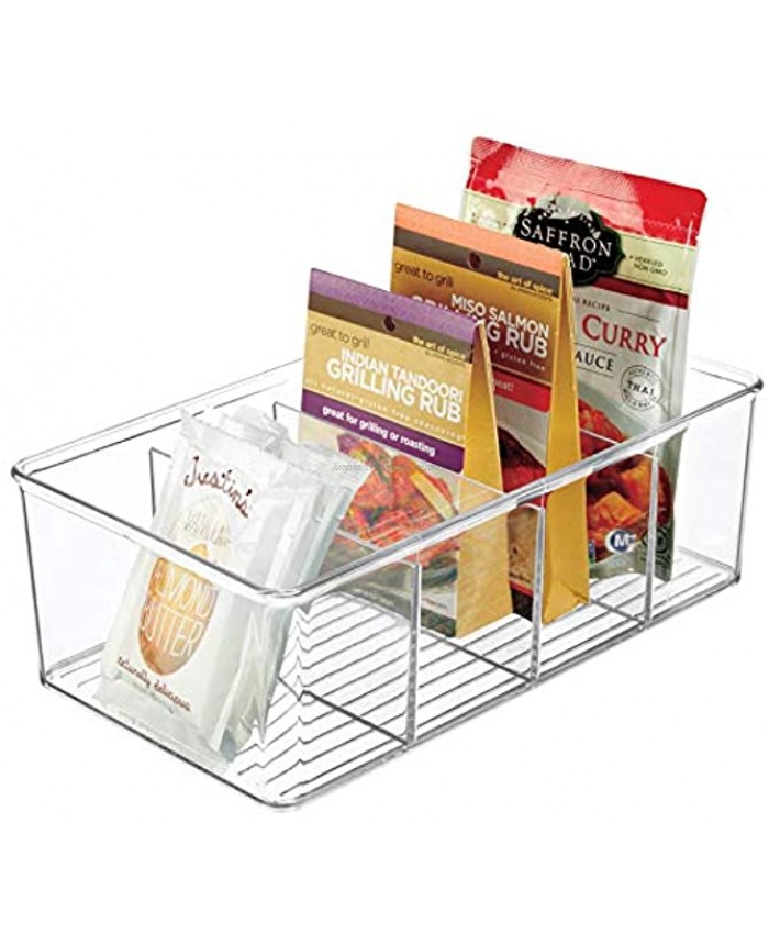 mDesign Plastic Food Storage Organizer Bin Box Container 4 Compartment Holder for Packets Pouches Ideal for Kitchen Pantry Fridge Countertop Organization Clear