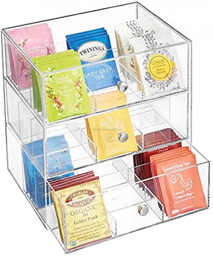 mDesign Plastic Kitchen Pantry Cabinet Countertop Organizer Storage with 3 Drawers for Coffee Tea Sugar Packets Sweeteners Creamers Drink Pods Packets 27 Sections Clear