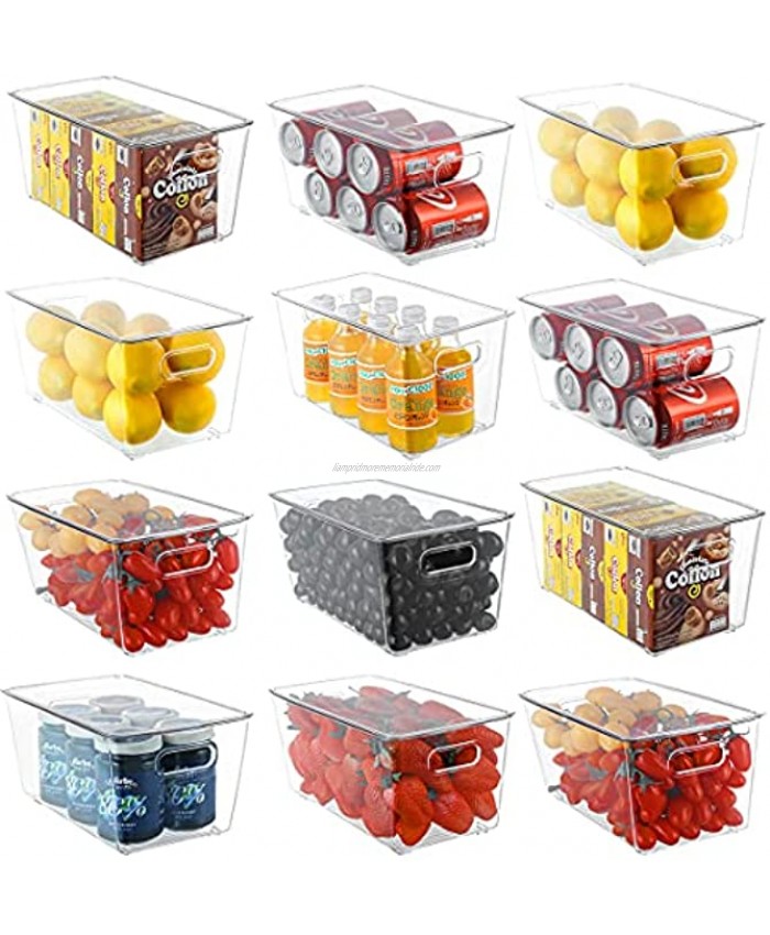 Refrigerator Organizer Bins with Lids ESARORA 12 PACK Large Stackable Clear Fridge Bins with Handles For Fridge Freezer Kitchen Cabinet Pantry Organization BPA Free Freezer Organizer Bins