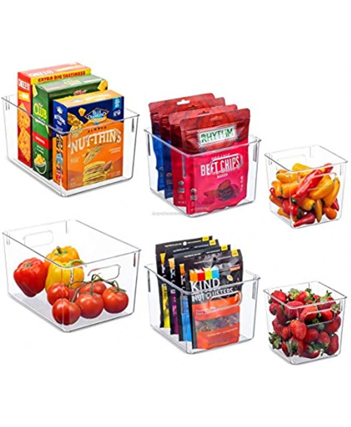 Set Of 6 Clear Pantry Organizer Bins Household Plastic Food Storage Basket with Cutout Handles for Kitchen Countertops Cabinets Refrigerator Freezer Bedrooms Bathrooms