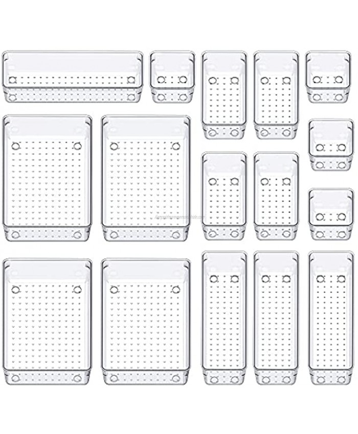 SMARTAKE 16-Piece Refrigerator Organizer Bins 4-Size Clear Desk Drawer Organizer Trays with Non-Slip Silicone Pads Storage Tray for Makeup Jewelries Utensils in Bedroom Dresser Office and Kitchen