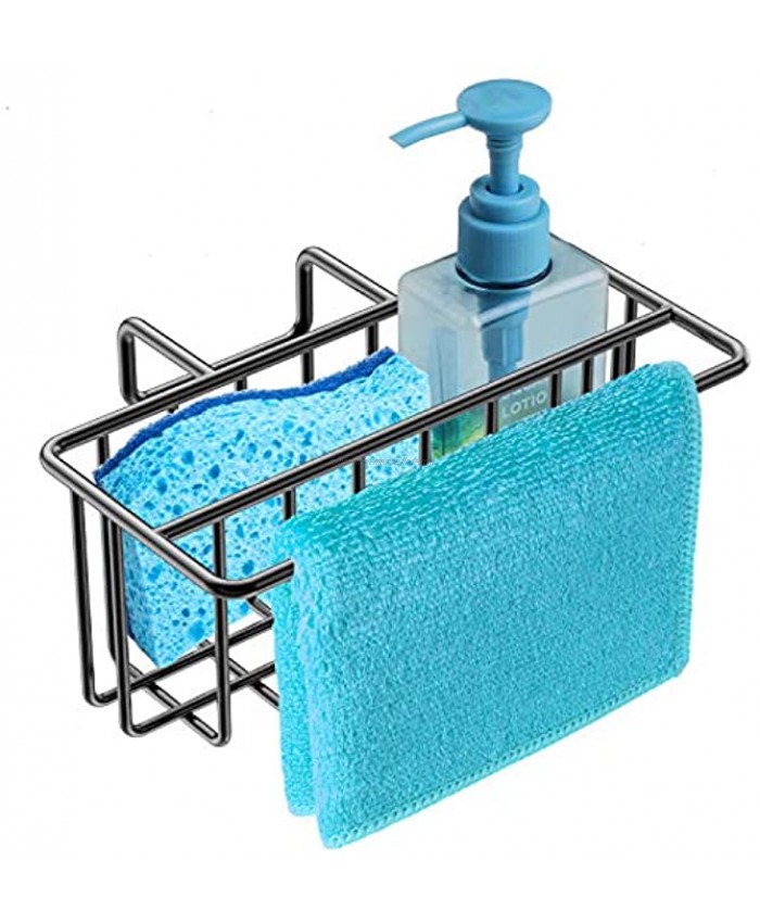 [Upgraded] Sponge Holder for Kitchen Sink 2-in-1 Sink Caddy Sponge + Dish Towel Hanging Kitchen Organizer Rack SUS304 Stainless Steel Black