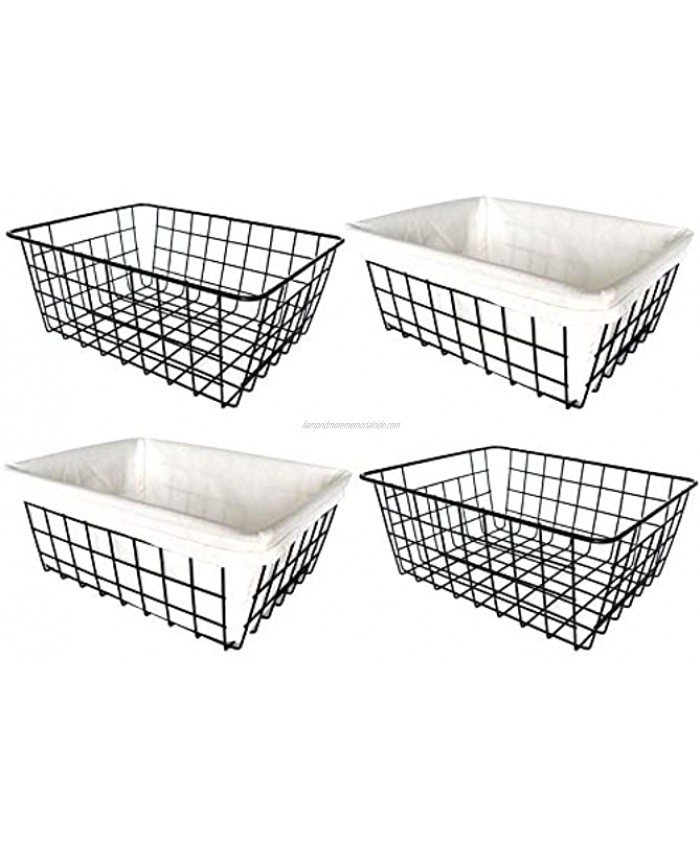 Wire Storage Baskets 4 Pack Metal Household Organizer with 2 Pcs Fabric Liners Refrigerator Bin with handles for Pantry Shelf Freezer Kitchen Cabinet Bathroom Countertop Closets Black