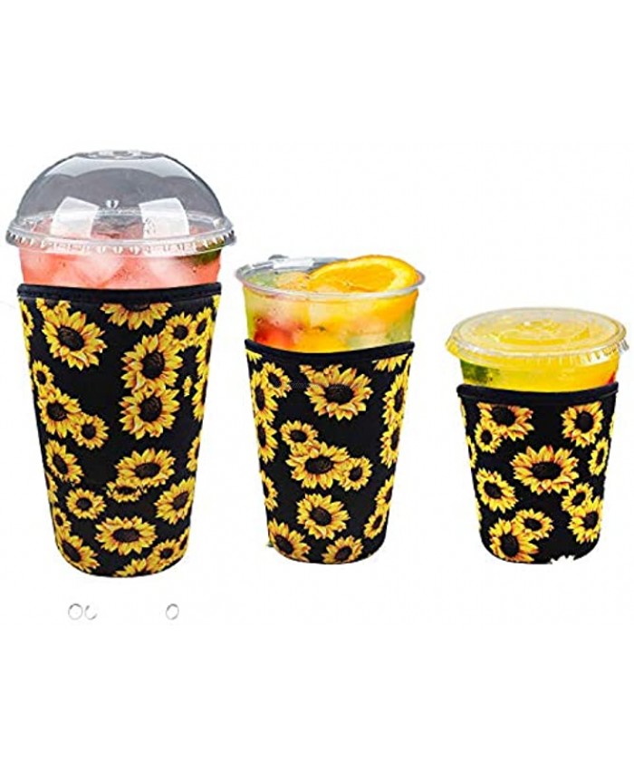 3 Pack Reusable Iced Coffee Cup Insulator Sleeve for Cold Beverages and Neoprene Sunflower