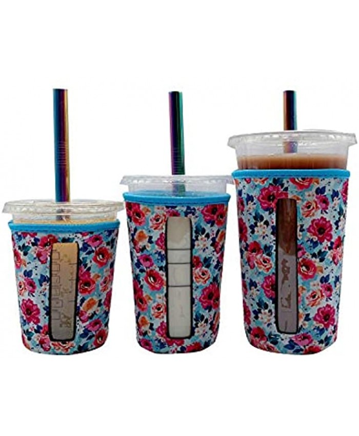 3 Pack Reusable Iced Coffee Cup Insulator Sleeve With Window for Cold Beverages and Neoprene Cup Holder for 18-32OZ Cups Floral Print