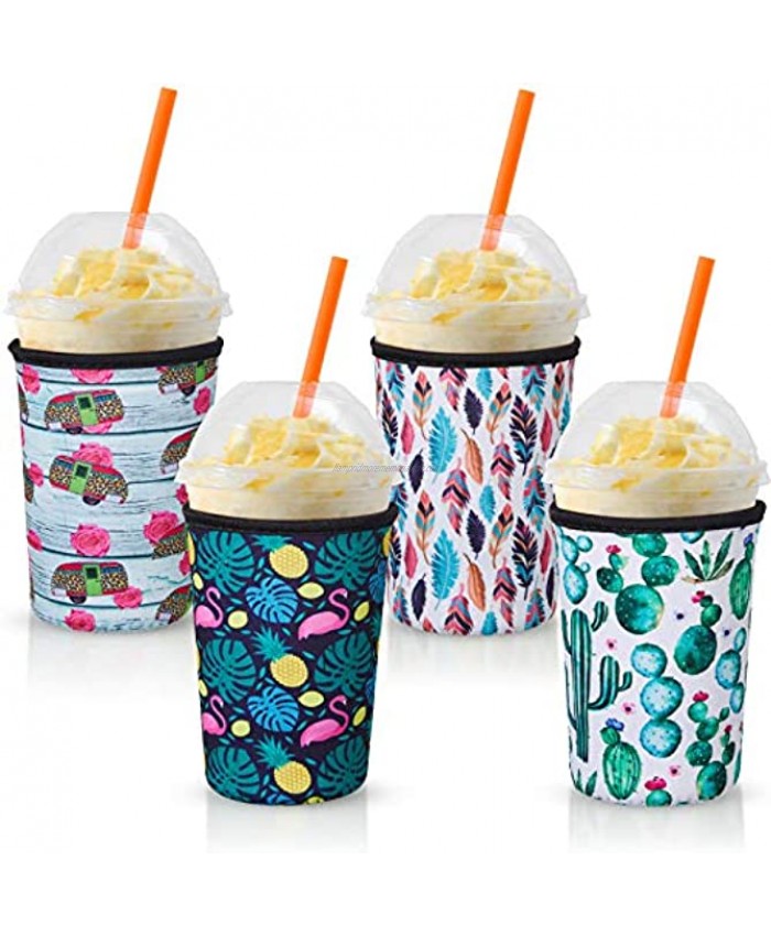 4 Pieces Iced Coffee Beverage Sleeves Neoprene Insulator Cup Holders Cold Drinks Holder Sleeves for Medium 22-24 oz Cold and Hot Beverages