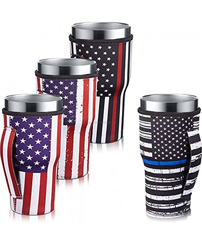 4 Pieces Iced Coffee Cup Sleeve Reusable American Flag Independence Day 4th JulyInsulated Cup Sleeves Cup Cover Holders Drinks Sleeve Holder for 30-32 Oz Cold Hot Beverages