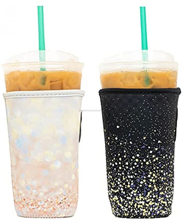 Baxendale Iced Coffee Sleeve for Large Sized Cups 2 Pack Neoprene Iced Coffee Sleeve 2 PK Large 32oz Gold & Black Glitter