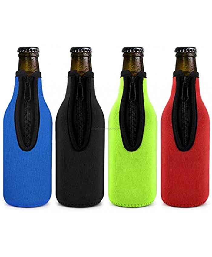 Beer Bottle Insulator Sleeve Different Color. Zip-up Bottle Jackets. Keeps Beer Cold and Hands Warm. Classic Extra Thick Neoprene with Stitched Fabric Edges Enclosed Bottom Perfect Fit Pack-of-4