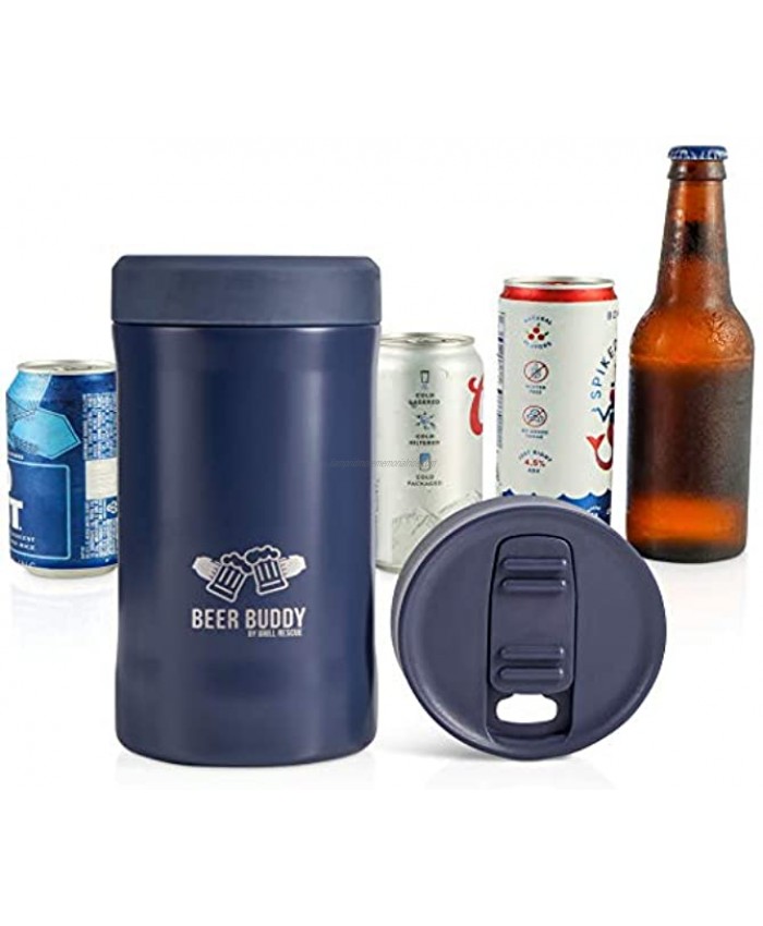 Beer Buddy​ Insulated Can Holder – Vacuum-Sealed Stainless Steel – Beer Bottle Insulator for Cold Beverages – Thermos Beer Cooler ​Suited for Any Size​ Drink One Size Fits All Matte Blue