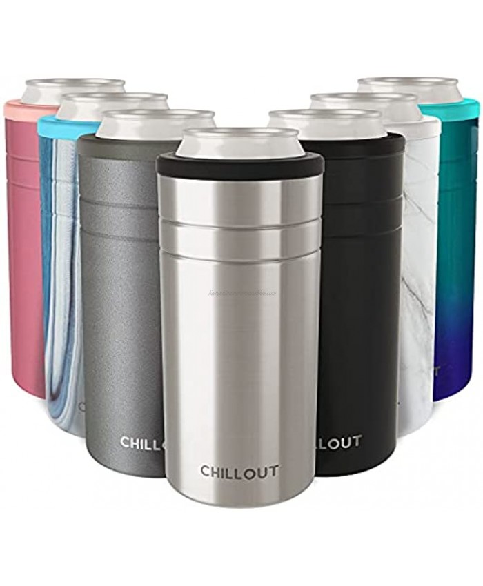 CHILLOUT LIFE Skinny Can Cooler for Slim Beer & Hard Seltzer | 12oz Stainless Steel Tall Triple Insulated Can Drink Holder Stainless Steel 1 Pack