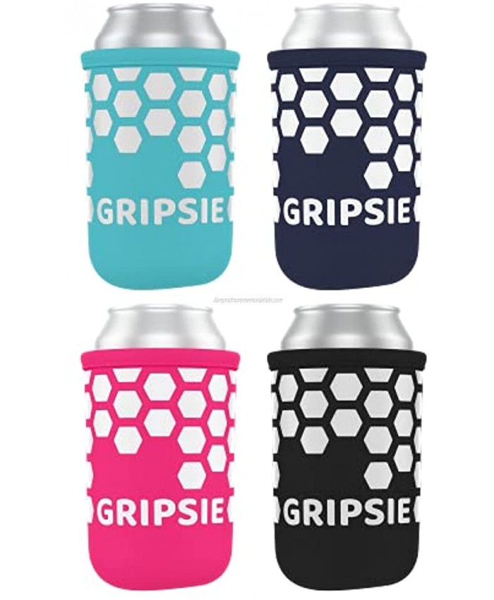 GRIPSIE Can Sleeves with Non-Slip Grip 4-Pack Insulated Neoprene Scuba Knit Polyester Fabric Silicone Print Coolers for Standard 12oz Beer and Soda Cans Multicolor