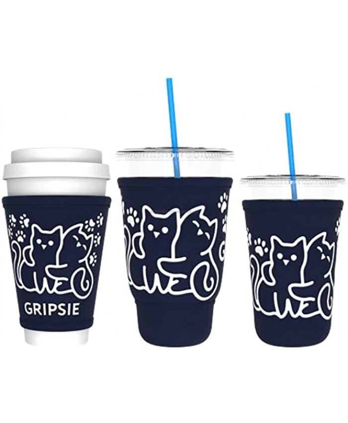 GRIPSIE Coffee Cup Sleeves with Non-Slip Grip 3-Pack Fits Medium & Large Drive-Thru Cups Insulated Holders for Hot & Cold Drinks Boba Tea Shakes Juice Cute Cat Print Navy Blue