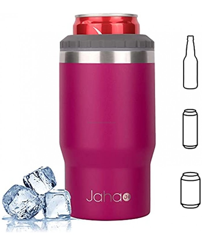 Jahao 4-in-1 Can Cooler Stainless Steel Double-Wall Vacuum Insulated Beer Cooler Can Holder Slim Can Coolers for 12oz Cans Slim Cans and Beer Bottles or as a 14oz Coffee Mug Magenta 1 Pack