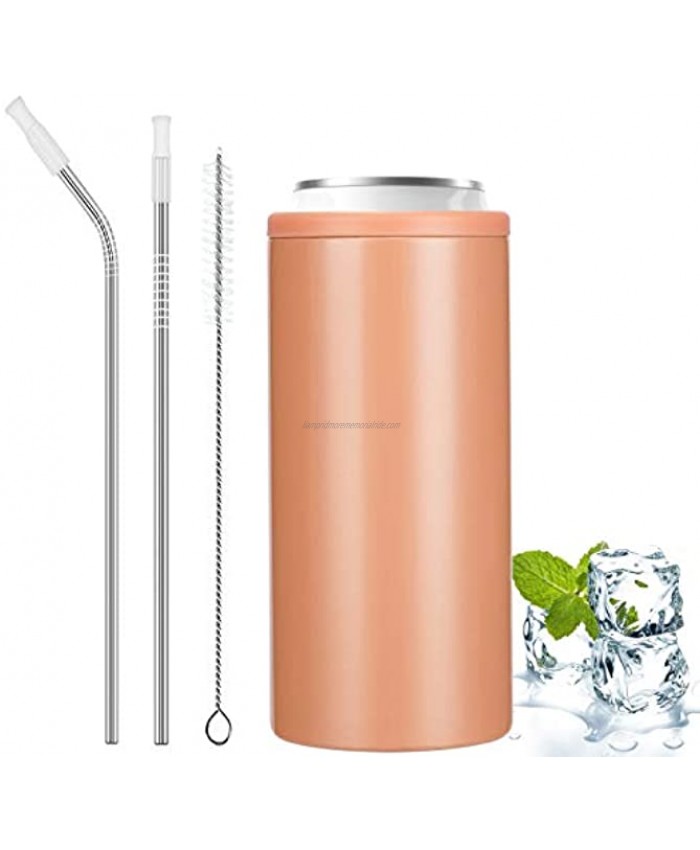 Slim Can Cooler with Straw 12 Oz Insulated Skinny Can Cooler for Slim Beer Cans Stainless Steel Double-walled Skinny Can Cooler for Soda Cold Beverage Energy Drinks Glitter Blush