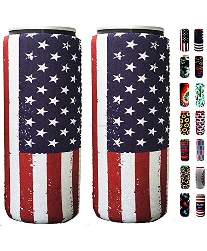 Slim Can Sleeves Neoprene Bottle Insulator Sleeve Set of 2 Can Beverage Coolers for 12oz Energy Drink & Beer Cans Flag