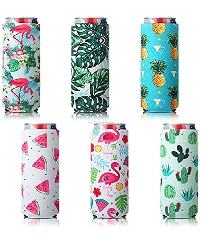 Slim Can Sleeves Reusable Neoprene Bottle Insulator Sleeve 12 oz Beverage Can Coolers for Energy Drink and Beer Cans 6 Pieces Hawaii Style